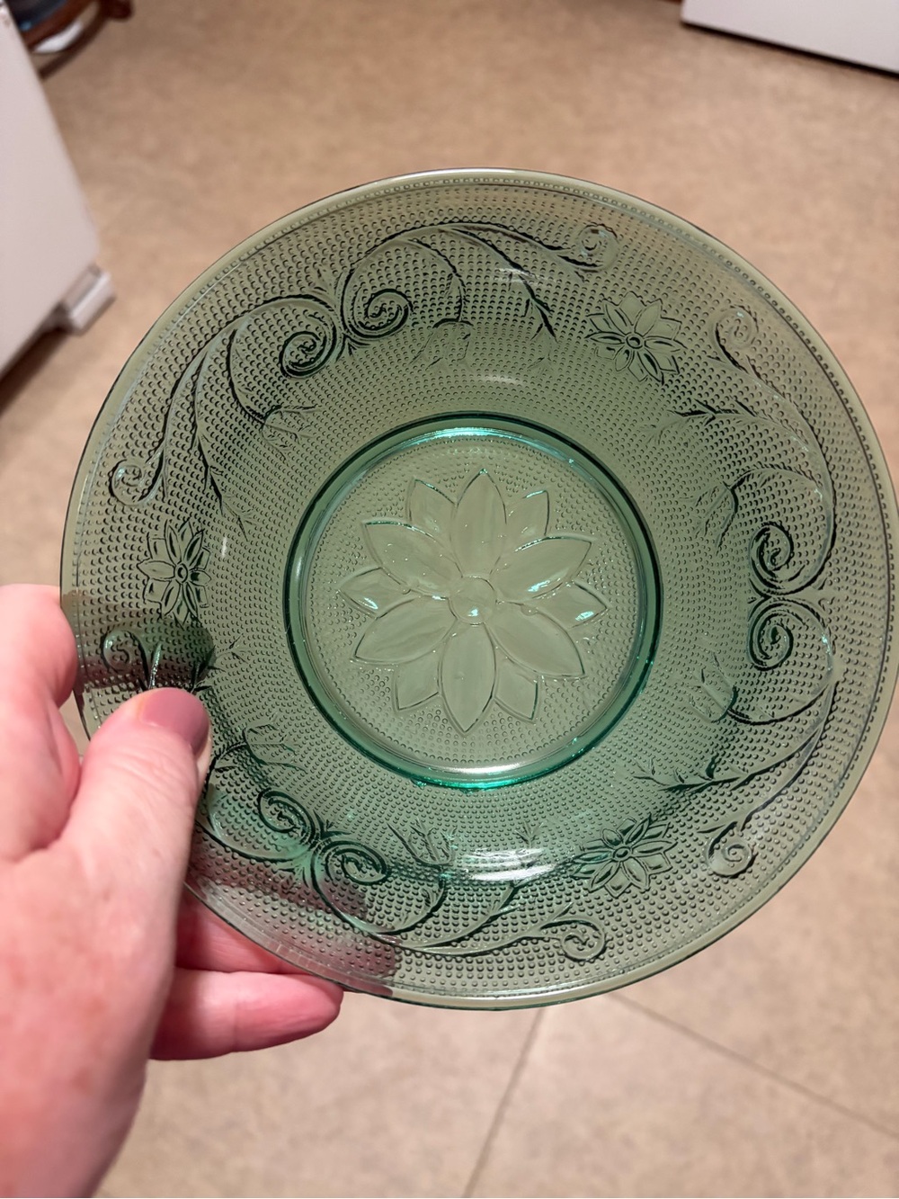 Green Embossed Glass Salad Bowl - Floral Motif